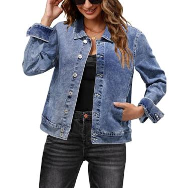 Imagem de luvamia Jaqueta jeans feminina, moderna, elegante, casual, manga comprida, elástica, jaqueta de ganga, jaqueta ocidental com bolsos, Azul Reef, GG