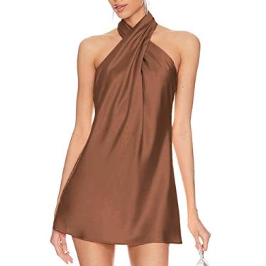 Imagem de BELONGSCI Vestido feminino de cetim de verão 2024 cruzado sem mangas frente única decote coquetel vestido mini, L3: marrom, GG