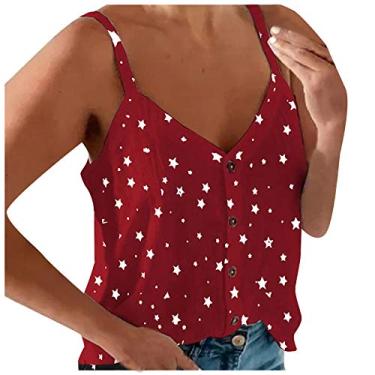 Imagem de Regata feminina de verão, sem mangas, gola V, estampada, botões, blusas folgadas, alças finas, Vermelho, G