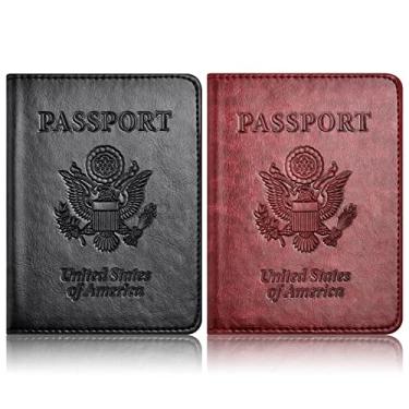 Imagem de Eoehro Pacote com 2 capas para passaporte, itens essenciais de viagem para mulheres e homens, CD preto + vinho tinto, Compacto