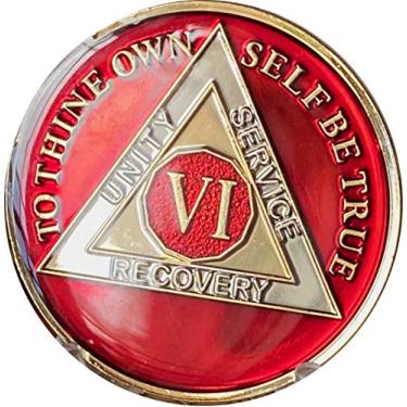 Imagem de Medalhão AA de 6 anos metálico mandarim vermelho Tri-Plate Sobriety Chip VI