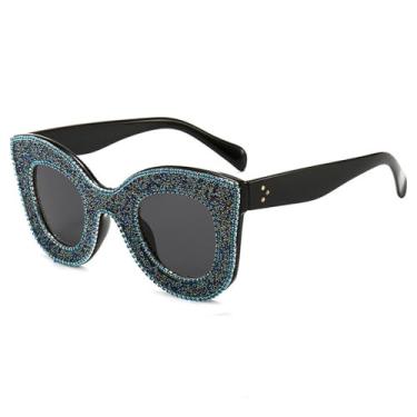 Imagem de Strass olho de gato óculos de sol feminino colorido cristal óculos de sol senhoras feminino uv400, c4blue, preto, um tamanho