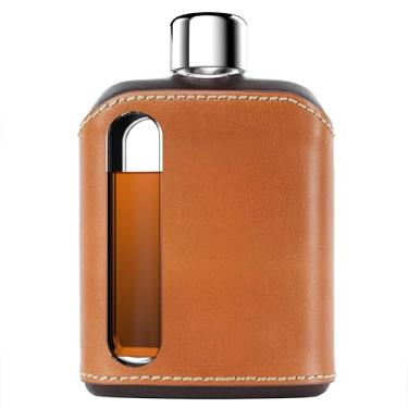 Imagem de Ragproper Garrafa moderna de vidro – Frasco coberto de couro durável para uísque, bebidas espirituosas e outros licores - Frasco de vidro ideal para homens e mulheres (dose dupla de 240 ml, couro