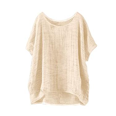 Imagem de Camiseta feminina, manga curta, de linho, cor sólida, gola redonda, caimento solto, casual, túnica, camisa de verão, Caqui, 4G