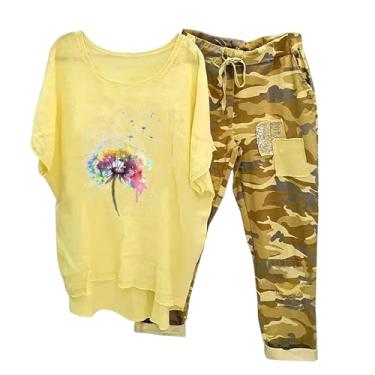 Imagem de Conjunto de 2 peças de linho para mulheres, roupas de verão, 4 de julho, plus size, camisetas estampadas de manga curta e calças camufladas combinando, Amarelo, X-Large