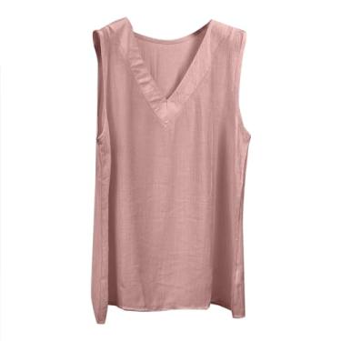 Imagem de Colete feminino de algodão e linho, gola V, casual, suspensório, sem mangas, camisa básica de verão P 3GG 2, rosa, GG
