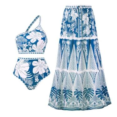 Imagem de LEZOOEY Maiô feminino de 3 peças, biquíni sexy de um ombro só com cintura alta e saída de praia meia longa, Conjunto azul, P