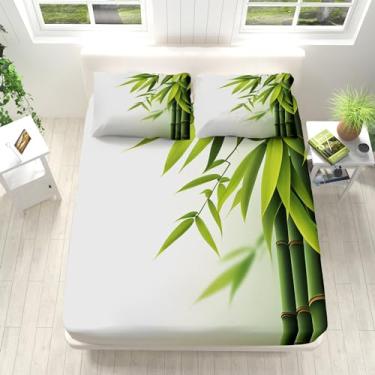 Imagem de Jogo de lençol casal branco, 4 peças, estampa de bambu verde simples, 40,6 cm, lençol de cima com 2 fronhas, para decoração de quarto de crianças e adolescentes