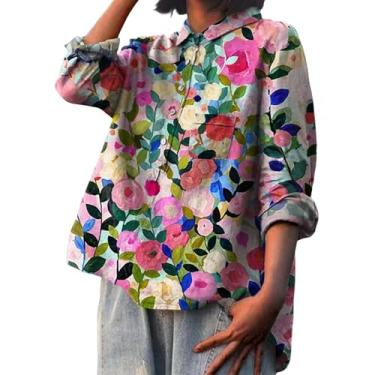 Imagem de Camiseta feminina de linho estampada com estampa de flores e gola de lapela e manga comprida solta, rosa, XXG
