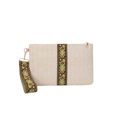 Imagem de Komociya Bolsas clutch de palha para mulheres, carteiras de pulso boêmias, bolsas de palha de tecido de verão, bolsa casual, Verde - Bege, Small