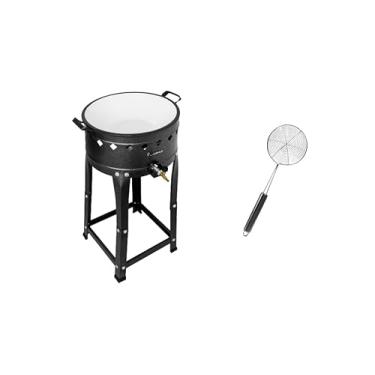 Imagem de Fritadeira Industrial Fogão a gás Pasteleiro Com Tacho esmaltado + escumadeira