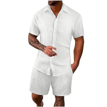 Imagem de Generic Conjunto de shorts masculinos de linho de renda para verão outono combinando com 2 peças, camisetas e shorts masculinos 2024, B-284 Branco, GG