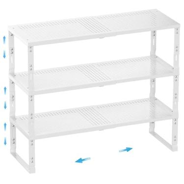 Imagem de Wobmmi Porta-temperos expansível, armazenamento empilhável para armário, prateleira de cozinha multifuncional, ajustável em altura, solução de armazenamento sustentável (3 pacotes/branco/grande)