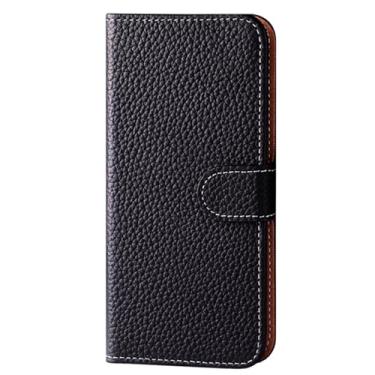 Imagem de POYUFRG Capa de couro genuíno para iPhone 16 Pro Max/16 Pro/16 Plus/16, Flip Lychee Relief Luxury Folio Cover Magnetic Closure Wallet Stand Phone Case, preta, 16 Pro