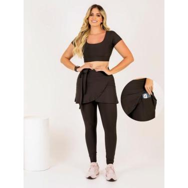 Imagem de Conjunto Calça Legging Saia Com Bolso Laço  + Top Cropped Moda Fitness