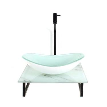 Imagem de Kit cuba de vidro oval 10mm com tampo de vidro 40cm x 40cm mármore bra