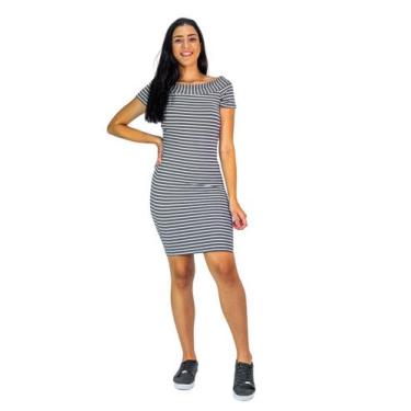 Imagem de Vestido Listrado Feminino Wolfox Feminino Ombro A Ombro Manga Curta Pr