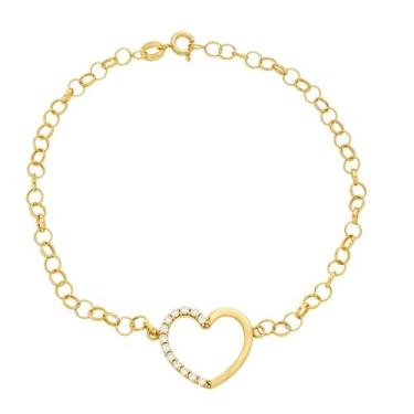Imagem de Pulseira Feminina Ouro 18k Elo Português Coração Cravejado - DR Joias