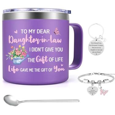 Imagem de Lifecapido Daughter in Law Gifts Caneca de café, Daughter in Law Presentes de Dia da Mãe, Presentes de nora da sogra para aniversário de Natal, caneca de café de aço inoxidável 400 ml com tampa, roxo