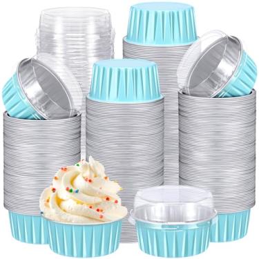 Imagem de Gejoy 400 peças de copos de alumínio para assar, com tampas, 142 g, ramequins descartáveis, mini formas de bolo, creme brulee, forros de cupcake, latas de muffin, molde de pudim, recipiente de