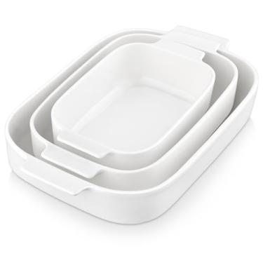 Imagem de MALACASA Conjunto de assadeiras de cerâmica, caçarola para forno, 3 peças de conjuntos de assadeiras de porcelana branca (3,5 qt/2,3 litros), formas de lasanha com alças para gratinar, grelhar, assar, assar. Série de assar