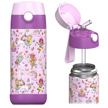 Imagem de JARLSON Garrafa de água infantil com canudo - Charli - Garrafa de água isolada de aço inoxidável - Thermos - Meninas/Meninos (Princesa 'Mosaico', 340 g)