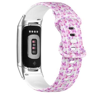Imagem de Pulseira esportiva macia compatível com Fitbit Charge 5/Fitbit Charge 6 (borboletas aquarela)
