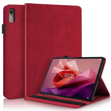 Imagem de Capa para Lenovo Tab P12 12,7 polegadas 2023, capa de couro PU leve com suporte flip com faixa elástica e suporte de cartão para Lenovo Tab P12 SM-TB370FU/TB371FC-Vermelho