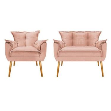 Imagem de Kit Namoradeira e Poltrona Opala Palito Mel Suede Rosê - DAMAFFÊ MÓVEI