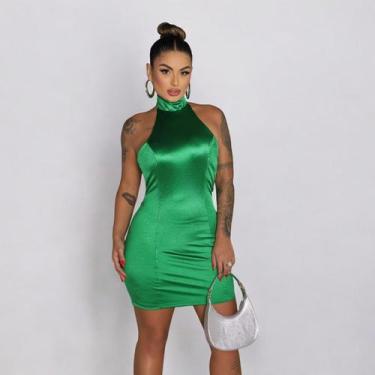 Imagem de Vestido em Cetim Frente Única Gola Alta - luh may, Verde, M