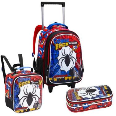 Imagem de Kit Mochila de Rodinhas Lancheira Estojo Spider Comic Book - Denlex, P