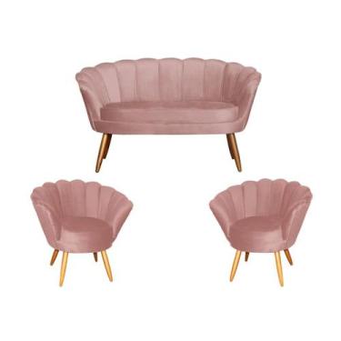 Imagem de Kit Namoradeira + 2 Poltronas Decorativa Pétala Veludo Rosa Pés Madeir