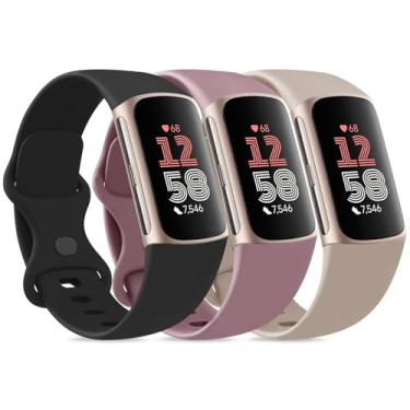 Imagem de Pacote com 3 pulseiras esportivas de substituição para Fitbit Charge 6/Charge 5 de silicone macio à prova d'água e ajustáveis para Fitbit Charge 5/Charge 6 (preto + violeta fumê + MilkTea, P)