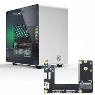 Imagem de ElectroCookie Capa para Raspberry Pi 5, minitorre de alumínio com M.2 NVMe SSD PCIe HAT e cooler de iluminação RGB ativo (prata)