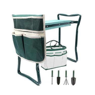 Imagem de ChengHao Banquetas de jardim para joelho e jardim, banco dobrável com bolsa de ferramentas, capacidade de almofada de espuma de EVA - Protege seus joelhos para jardinagem (grande - 60 x 27 x 49 cm) Luvas (wh00005)