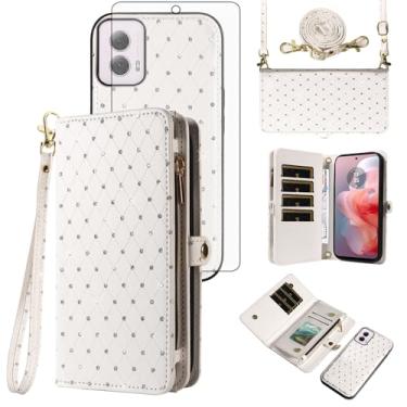 Imagem de Asuwish Capa de celular para Motorola Moto G Power 5G 2023 com zíper carteira destacável com protetor de tela de vidro temperado, alça transversal com glitter, compartimento para cartão GPower G5