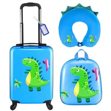Imagem de Sanwuta Conjunto de 4 peças de bagagem infantil, mochila, mala com rodinhas em forma de U, presente de Natal para meninas e meninos, Azul, 17 Inch, Estilo dinossauro