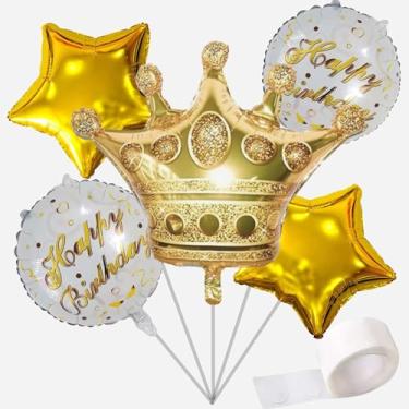Imagem de Kit de Balões Metalizados Para Festa de Aniversário, 1 Balão Coroa 73cm, 2 Redondos Happy Birthday 45cm, 2 Estrelas Dourada 45cm, com Fita Adesiva
