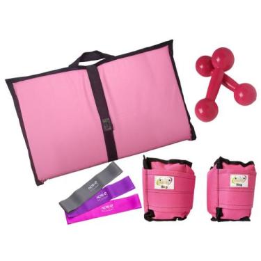 Imagem de Kit Tornozeleira 5KG Nylon Rosa + Halteres 5KG Rosa + Colchonete Dobra