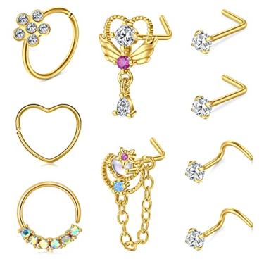 Imagem de Anicina 20 g 22 g piercings de nariz de aço inoxidável cirúrgico piercing de nariz argolas em L forma de parafuso de osso piercing de nariz de narina jóias coração flor lua cobra borboleta parafuso de nariz hipoalergênico para mulheres homens, Metal, Metal