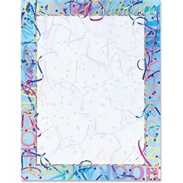 Imagem de PaperDirect Papel de papelaria com tema de aniversário de celebração Words and Streamers, papel de borda, papel timbrado 21 x 28, 25 folhas, papel de escrita premium elegante, papel decorativo para