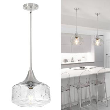 Imagem de DSMJFU DSMJFU Luminária Pendente De Níquel Escovado, Luminárias Pendentes Para Ilha De Cozinha Com Abajur Grande De Vidro Globo, Luminárias Pendentes Com Cabo Ajustável, Luminária Suspensa Para Sala