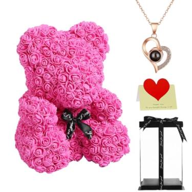 Imagem de Urso de pelúcia rosa grande de 40 cm com caixa de presente, urso de flores para aniversário, dia das mães, casamento, aniversário, presente romântico para ela (rosa vermelha)