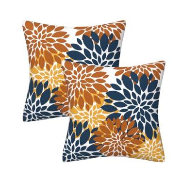 Imagem de AHAHM Fronha de almofada decorativa azul marinho amarelo laranja dália floral casa de fazenda capa de almofada interior exterior capa de almofada de inverno para sofá sala de estar quarto 40,6 x 40,6
