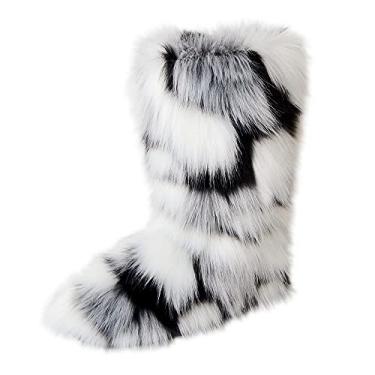 Imagem de Gegefur Bota feminina de pele sintética, bota de neve curta, fofa, quente, confortável, para uso ao ar livre, Flor preta e branca, 9