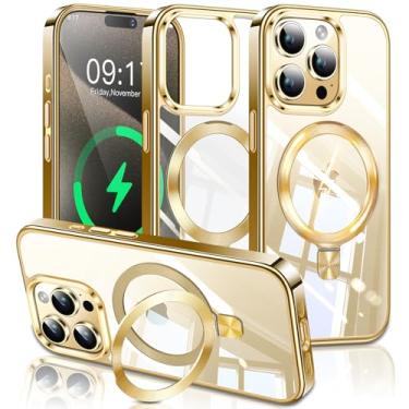 Imagem de ESTPEAK Capa de titânio dourado com suporte de CD Mag-Stand para iPhone 15 Pro Max com anel magnético invisível, [apto para MagSafe] [nunca amarela] Capa de telefone transparente para iPhone 15 ProMax