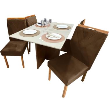 Imagem de Mesa de Jantar Helo 120x90cm em Veludo com 4 Cadeiras California Poliman Cor Off White com Assento Marrom