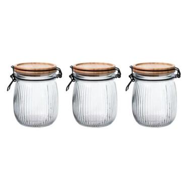 Imagem de Kit 3 Pote Hermético Versalhes Vidro Com Tampa Bambu 800ml Trava Presi