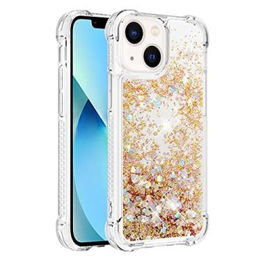 Imagem de Capa de telefone à prova de choque para iPhone 14 com glitter líquido de areia movediça e corações flutuantes, capa de TPU de camada dupla reforçada com 4 cantos, protetor de telefone seguro