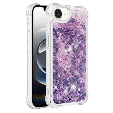 Imagem de Capa de telefone à prova de choque para iPhone 16e com glitter líquido de areia movediça e corações flutuantes, capa de TPU de camada dupla reforçada com 4 cantos, protetor de telefone seguro